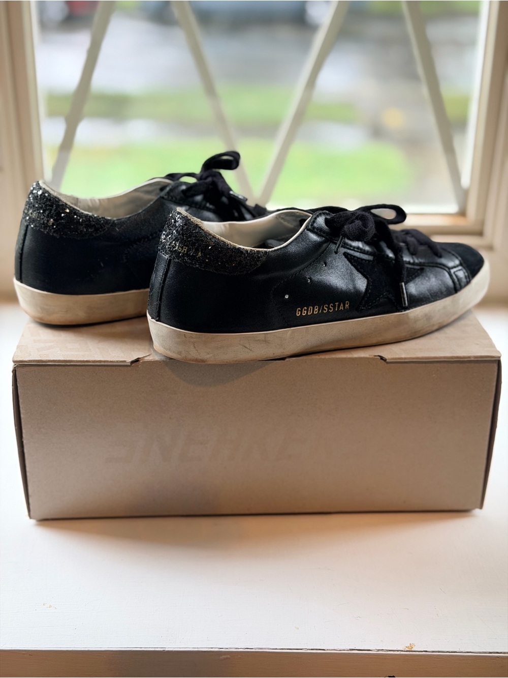 Golden Goose super-star Black Leather Sneakers with Glitter Heel